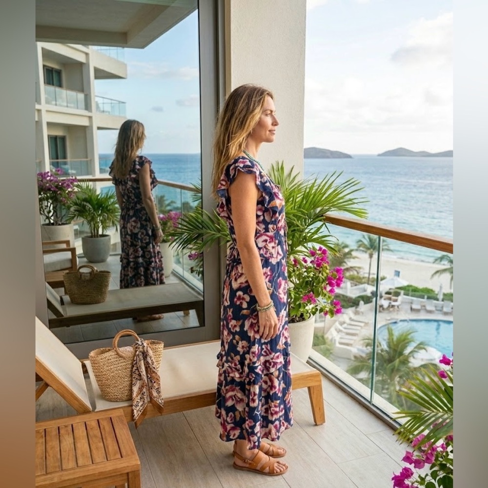 Band Of Gypsie Boho Floral Maxi Dress XS Navy Pink 100% Viscose Resort Coastal - Picture 3 of 15